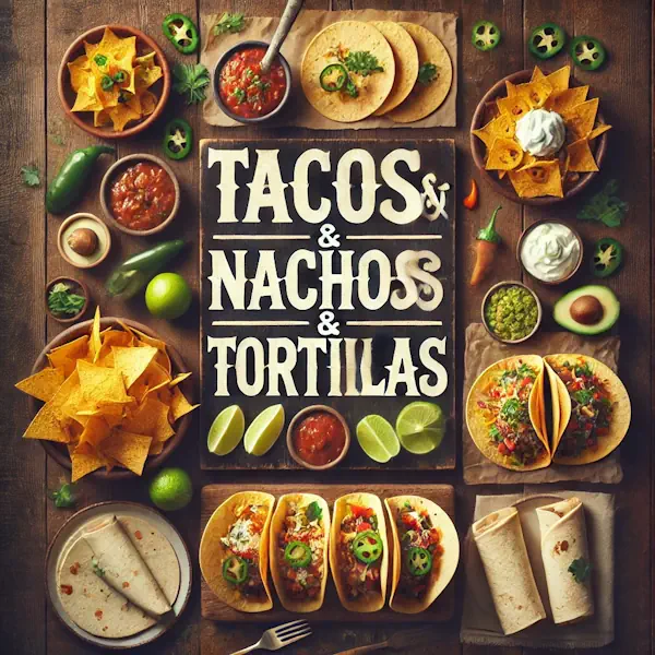 A rustic flat lay on a dark wooden table featuring tacos, nachos with melted cheese and jalapeños, and a stack of tortillas. Lime wedges, sour cream, and cilantro are included. At the very top of the image, the words 'TACOS & NACHOS & TORTILLAS' are written in large cream-colored serif letters, centered and clearly positioned above the food.