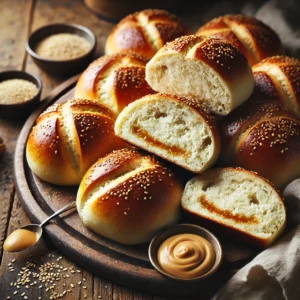 A batch of freshly baked Tahini Bread Rolls with a golden-brown crust and a soft, fluffy interior infused with nutty tahini. The rolls have a rustic, artisanal appearance with a slightly glossy finish. They are arranged on a wooden cutting board atop a rustic wooden table, with a few rolls sliced open to reveal the creamy, sesame-rich filling. A small dish of tahini, sesame seeds, and a linen napkin complete the cozy presentation. Warm, natural lighting enhances the inviting, homemade feel.