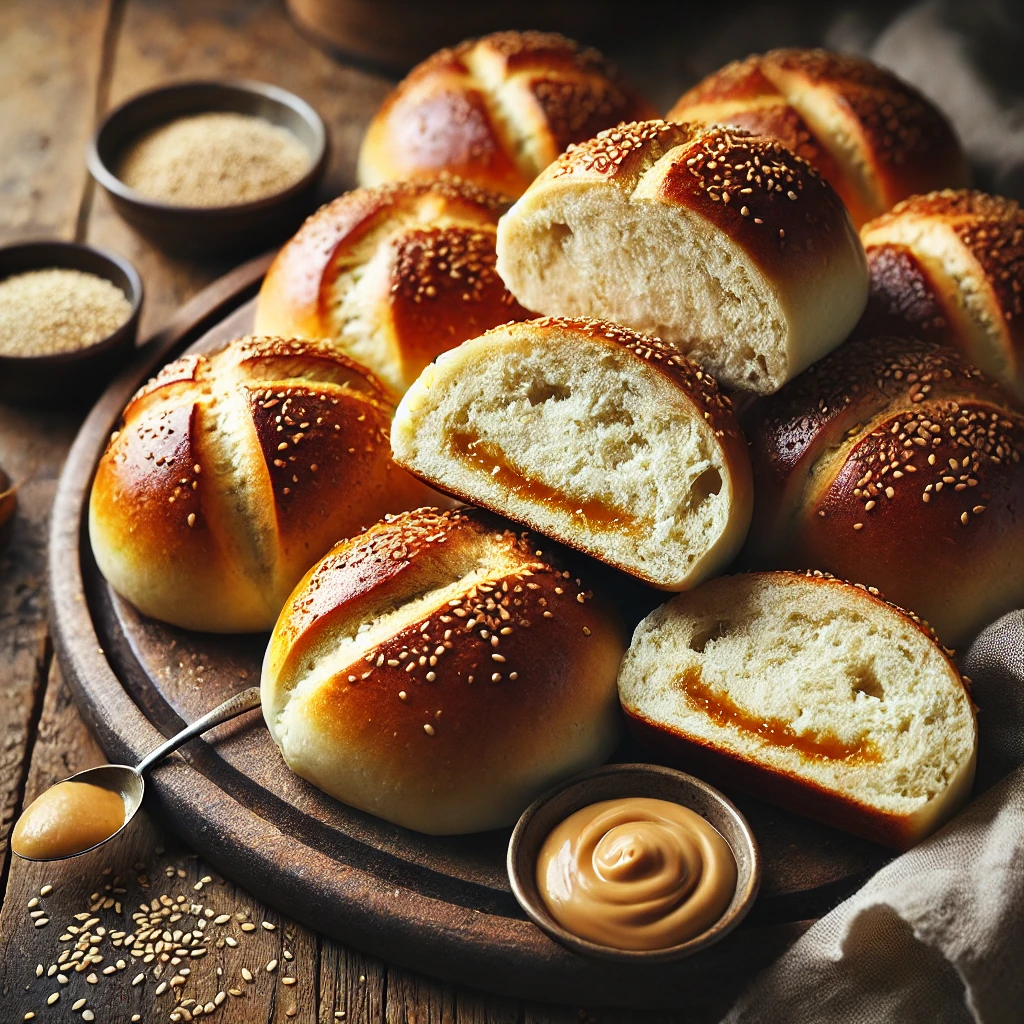 A batch of freshly baked Tahini Bread Rolls with a golden-brown crust and a soft, fluffy interior infused with nutty tahini. The rolls have a rustic, artisanal appearance with a slightly glossy finish. They are arranged on a wooden cutting board atop a rustic wooden table, with a few rolls sliced open to reveal the creamy, sesame-rich filling. A small dish of tahini, sesame seeds, and a linen napkin complete the cozy presentation. Warm, natural lighting enhances the inviting, homemade feel.