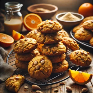 A batch of freshly baked Tahini Orange Cookies with a golden-brown color and a soft, slightly chewy texture. The cookies are infused with nutty tahini and zesty orange. Some are stacked, while others cool on a wire rack. They are arranged on a rustic wooden table, accompanied by fresh orange slices, a small dish of tahini, and a sprinkle of sesame seeds. Warm, natural lighting enhances the cozy, homemade feel.
