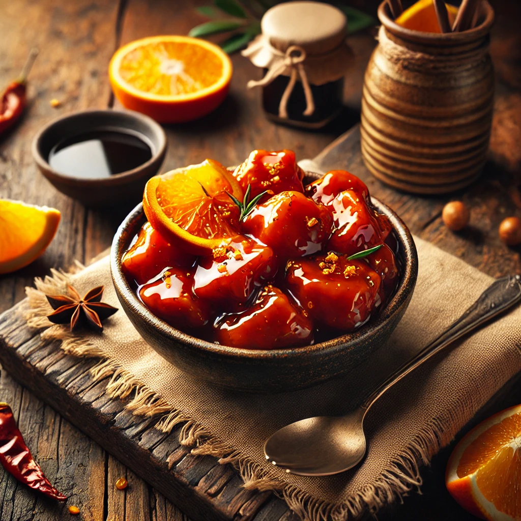 A vibrant Takeout-Style Orange “Chicken” Glaze served in a rustic bowl, golden-orange in color with visible red pepper flakes and a sprinkle of orange zest. The bowl is styled on a wooden table with a small dish of sesame seeds, sliced orange, and a spoon, illuminated by soft natural lighting for a warm and inviting presentation.