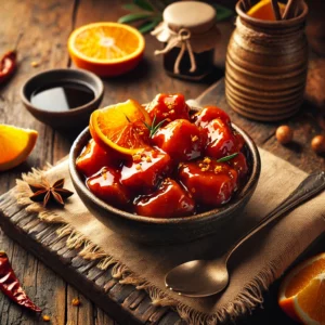 Takeout-Style Orange “Chicken” Glaze served in a small rustic bowl, rich and glossy with visible orange zest and garnished with red pepper flakes. The bowl is styled on a wooden table with fresh orange slices, a small jar of soy sauce, a spoon, and a linen napkin, illuminated by soft natural lighting for a vibrant and inviting presentation.