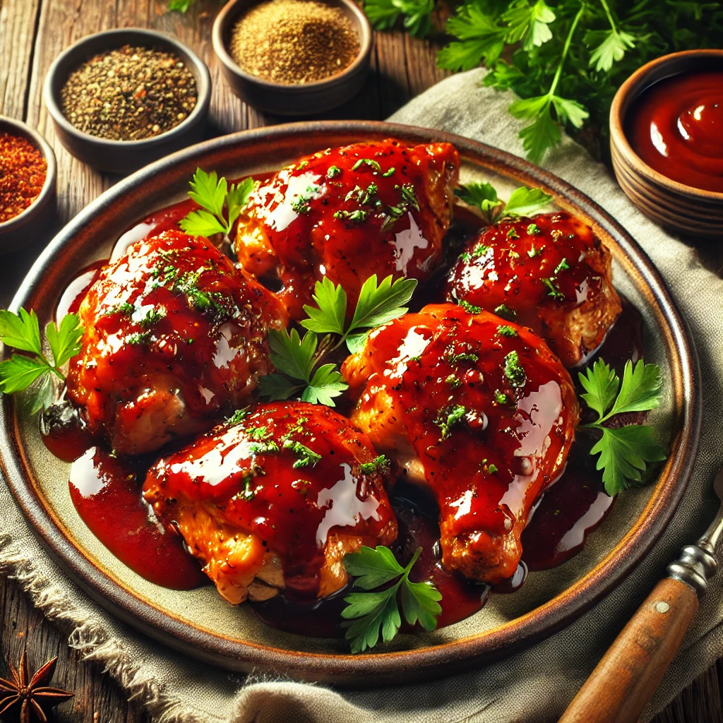 A vibrant presentation of Tangy Barbecue Chicken Bake, featuring golden, juicy chicken thighs glazed with a rich barbecue sauce and garnished with fresh parsley. The dish is served on a rustic ceramic plate, with a wooden table and soft natural lighting emphasizing its hearty and tangy flavors. Small bowls of barbecue sauce and seasoning complete the inviting setup.