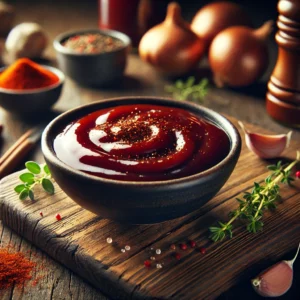A thick, glossy, reddish-brown barbecue sauce with a smoky and slightly sweet aroma, garnished with paprika and fresh thyme, served in a rustic bowl.