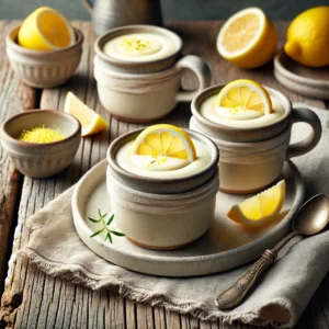 Creamy Lemon Possets served in rustic ANTA small mugs, topped with a thin lemon slice and a sprinkle of fresh lemon zest. The mugs are arranged on a weathered wooden table, styled with a linen napkin, a small bowl of lemons, and teaspoons, illuminated by soft natural light for a fresh and inviting dessert presentation.