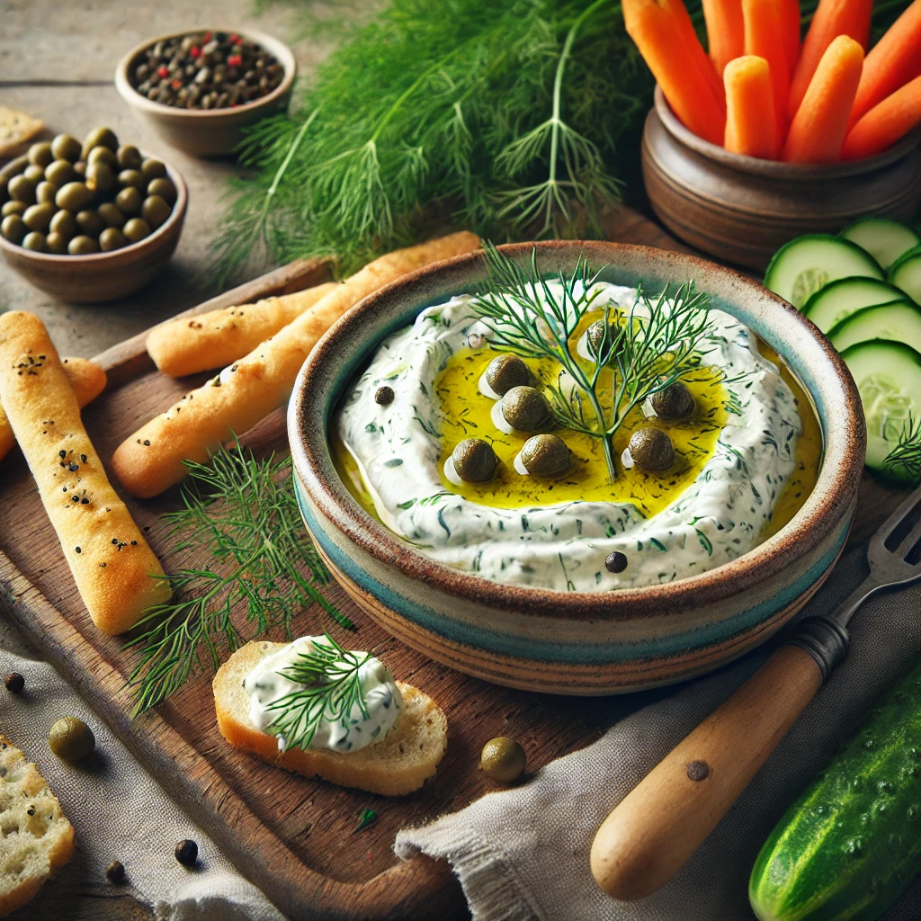 Tangy dill and caper dip in a rustic bowl, garnished with fresh dill, capers, and olive oil, surrounded by breadsticks, carrot sticks, and cucumber slices on a light wooden table with scattered herbs in a cozy setting.