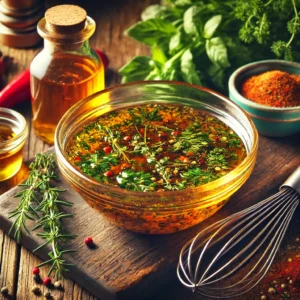 A rich, golden marinade with herbs and spices, perfect for adding bold flavor to chicken before cooking. Served in a rustic glass bowl with fresh ingredients like paprika, vinegar, and poultry seasoning on a wooden table.