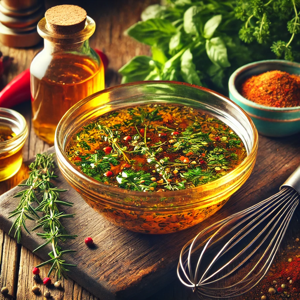 A rich, golden marinade with herbs and spices, perfect for adding bold flavor to chicken before cooking. Served in a rustic glass bowl with fresh ingredients like paprika, vinegar, and poultry seasoning on a wooden table.