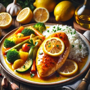 Tender, golden-brown chicken breasts coated in a glossy, tangy lemon sauce, garnished with fresh lemon slices and parsley, served with rice and steamed vegetables.