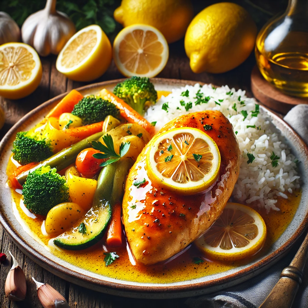 Tender, golden-brown chicken breasts coated in a glossy, tangy lemon sauce, garnished with fresh lemon slices and parsley, served with rice and steamed vegetables.