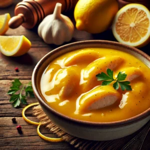 A smooth, glossy, golden-yellow sauce with a fresh lemony aroma, garnished with lemon zest and parsley, served in a rustic bowl.