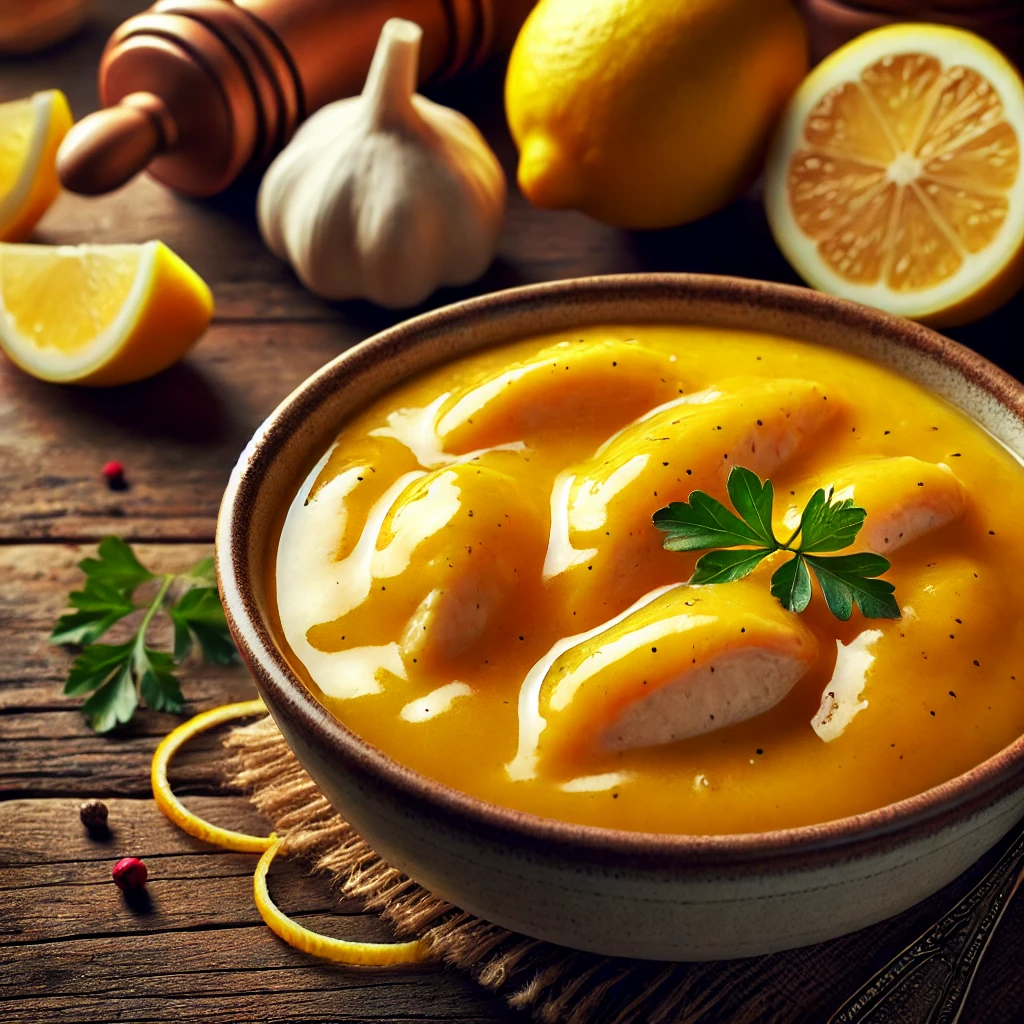 A smooth, glossy, golden-yellow sauce with a fresh lemony aroma, garnished with lemon zest and parsley, served in a rustic bowl.