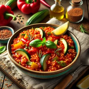 A rustic ceramic bowl of tangy red bulgur sits on a wooden table. The dish features vibrant bulgur wheat cooked with chopped red and green bell peppers, zucchini, and fresh basil, mixed in a tangy Bloody Mary sauce. It is garnished with fresh green onions and a slice of lemon. Surrounding the bowl are fresh ingredients like a bell pepper, zucchini, and a small bottle of vegetable juice. A wooden spoon and folded linen napkin complete the inviting presentation.