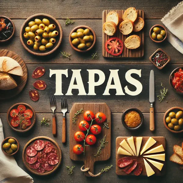 A flat lay of Spanish tapas on a medium-dark wooden table, with small plates of olives, chorizo, manchego cheese, and tomato bread. Warm lighting and a clean layout. At the very top, the word 'TAPAS' is clearly displayed in large cream-colored serif letters, centered near the top edge.