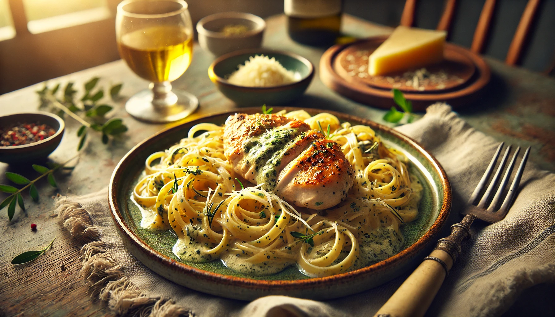 Tarragon Chicken over Angel Hair Pasta on a rustic ceramic plate, featuring golden-brown chicken in a creamy tarragon sauce. Garnished with fresh tarragon and Parmesan, set on a wooden table with white wine and Parmesan in the softly blurred background.