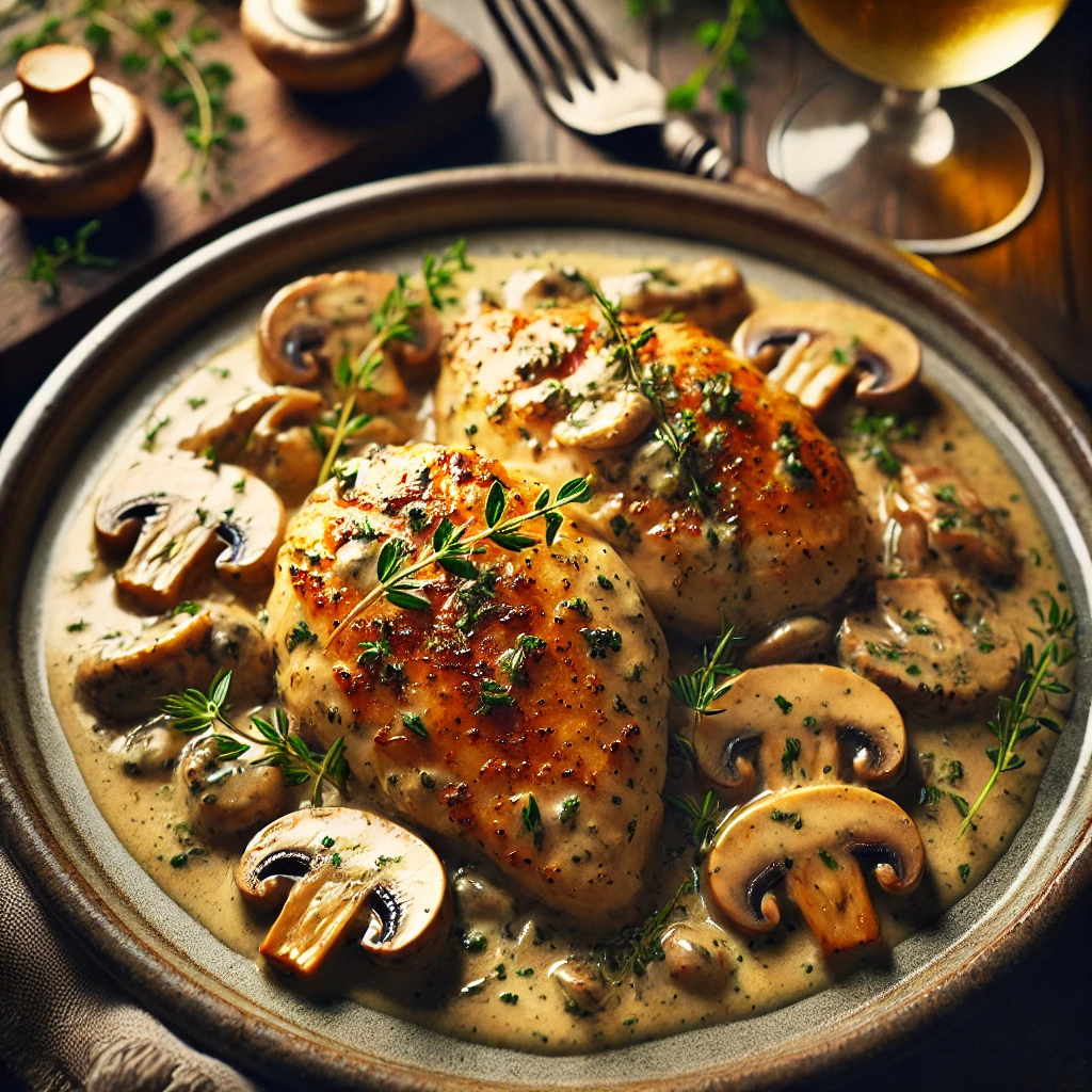 A plate of golden brown tarragon chicken, served with a rich, creamy sauce and sautéed mushrooms. The chicken is garnished with fresh tarragon and set in a cozy kitchen with warm natural lighting. A glass of light-bodied white wine accompanies the dish, enhancing the comforting yet refined atmosphere of the meal.