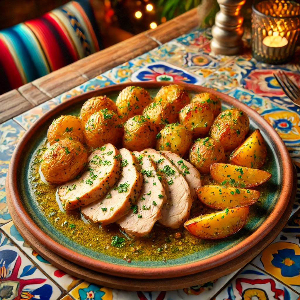 Tarragon-seasoned turkey tenderloins with roasted baby potatoes, garnished with fresh herbs in a vibrant Mexican-style setting.