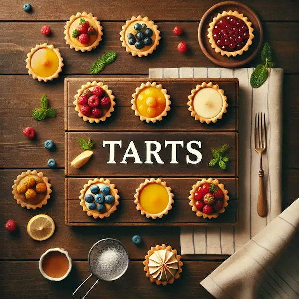 A rustic flat lay of tarts on a medium-dark wooden table with horizontal planks. The scene includes small fruit tarts with berries, lemon curd, and custard filling, arranged on a wooden board with garnishes like mint leaves and powdered sugar. At the top, the word 'TARTS' is written in large cream-colored serif letters, centered and clearly visible.