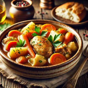 A beautifully plated dish of Tasty Chicken Stew served on a rustic wooden table. The dish features tender chunks of chicken simmered in a rich, flavorful broth with carrots, potatoes, onions, and herbs. The stew is garnished with fresh parsley and served in a rustic ceramic bowl. A side of crusty bread is placed nearby for dipping. The warm wooden table and softly blurred background enhance the inviting and comforting presentation.