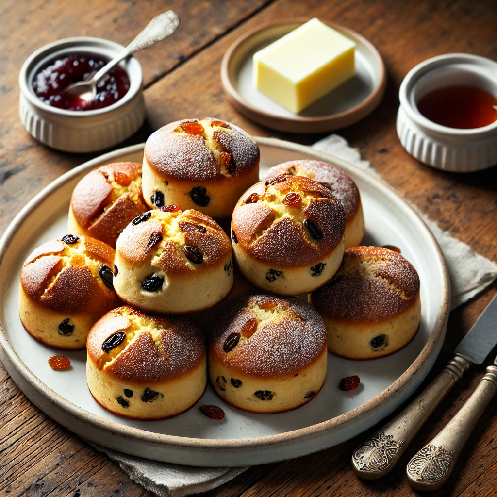 A beautifully plated batch of traditional Teacakes served on a rustic wooden table. The teacakes are golden-brown, slightly domed, and studded with dried fruits such as raisins and currants. Lightly dusted with flour and served warm with a side of butter. Arranged on a white ceramic plate with a small dish of jam. The warm wooden table is more visible, providing a cozy and inviting setting.