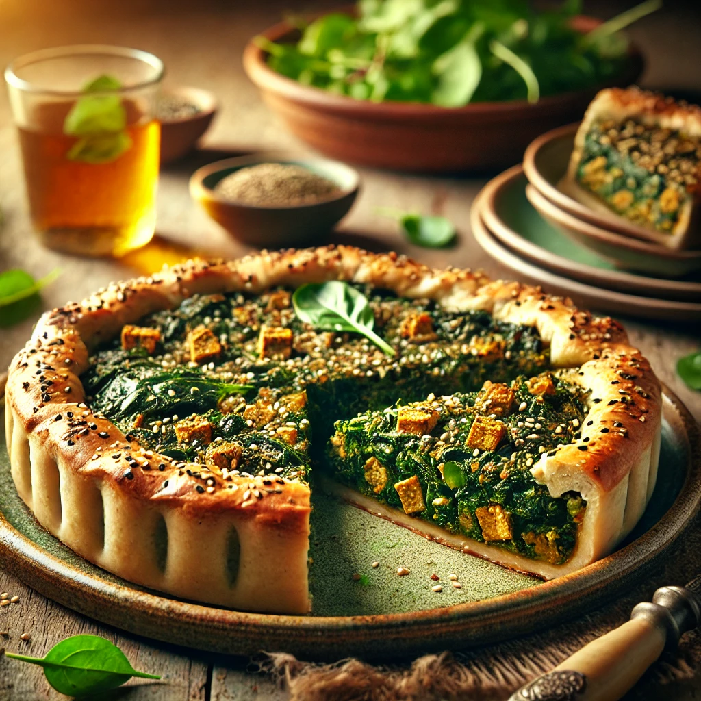 Tempeh Spinach Rustic Pie on a ceramic plate, featuring a golden, flaky crust filled with crumbled tempeh, sautéed spinach, garlic, and herbs. Garnished with sesame seeds and parsley, set on a wooden table with mixed greens and a glass of herbal tea in the softly blurred background.