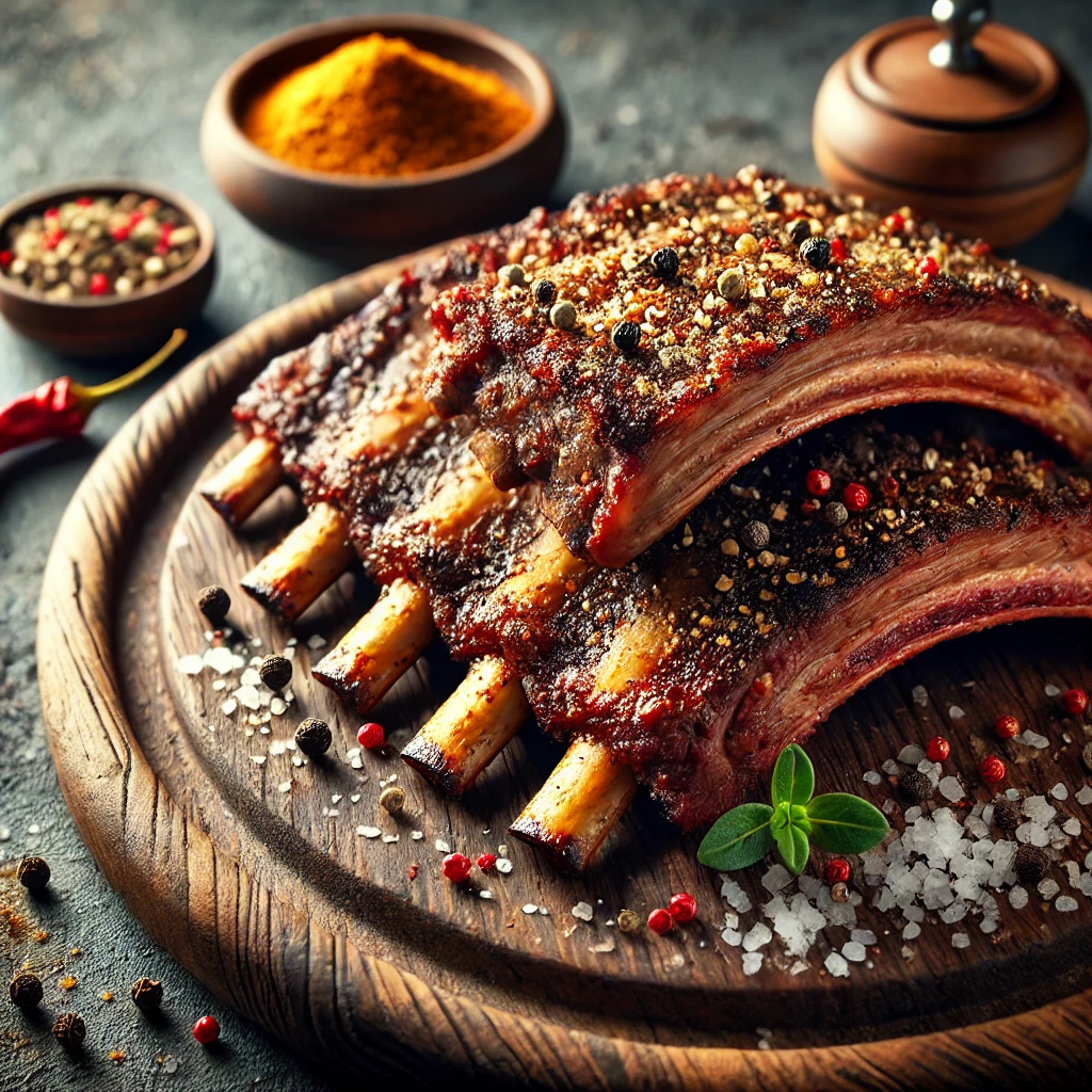 Golden, slightly charred beef ribs seasoned with cracked peppercorns, red pepper flakes, dry mustard, and coarse sea salt, arranged on a rustic wooden platter with a small bowl of seasoning, illuminated by soft natural lighting for a savory and hearty appeal.