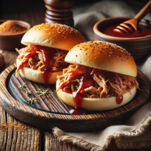 Soft hamburger buns filled with tender shredded pork coated in smoky barbecue sauce, garnished with smoked paprika. The sandwiches are served on a rustic wooden board, accompanied by a small bowl of barbecue sauce. The setting includes rustic dining elements like a striped napkin and natural lighting, highlighting the rich textures and warm colors of the dish.