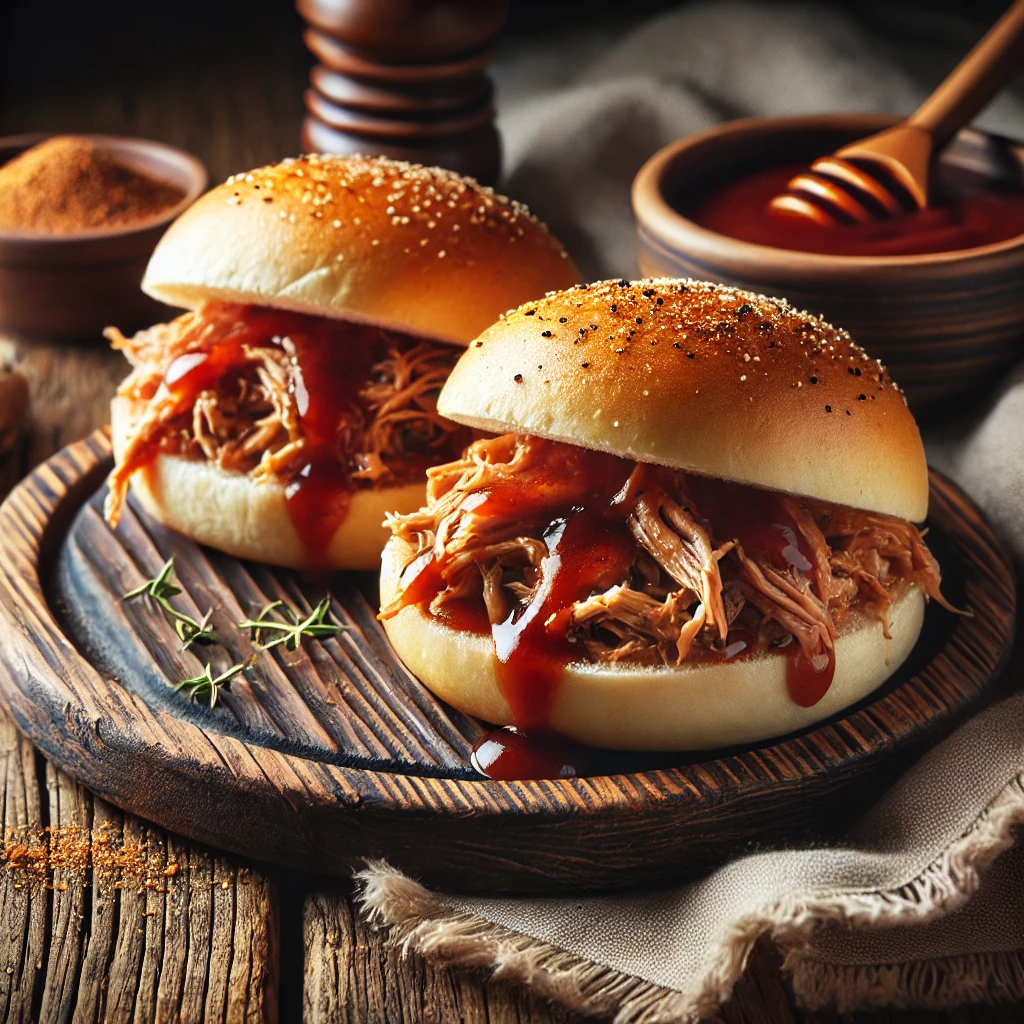 Soft hamburger buns filled with tender shredded pork coated in smoky barbecue sauce, garnished with smoked paprika. The sandwiches are served on a rustic wooden board, accompanied by a small bowl of barbecue sauce. The setting includes rustic dining elements like a striped napkin and natural lighting, highlighting the rich textures and warm colors of the dish.