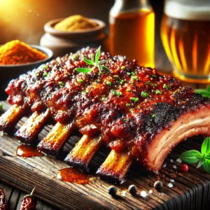 A close-up of tender pork spareribs with a golden-brown, caramelized crust, seasoned with fajita spices, smoked paprika, and mustard. The ribs are arranged on a rustic wooden cutting board and garnished with fresh herbs. In the background, a cozy kitchen setup includes a small bowl of mustard and a beer bottle, with warm, natural lighting highlighting the rich colors and textures of the ribs.
