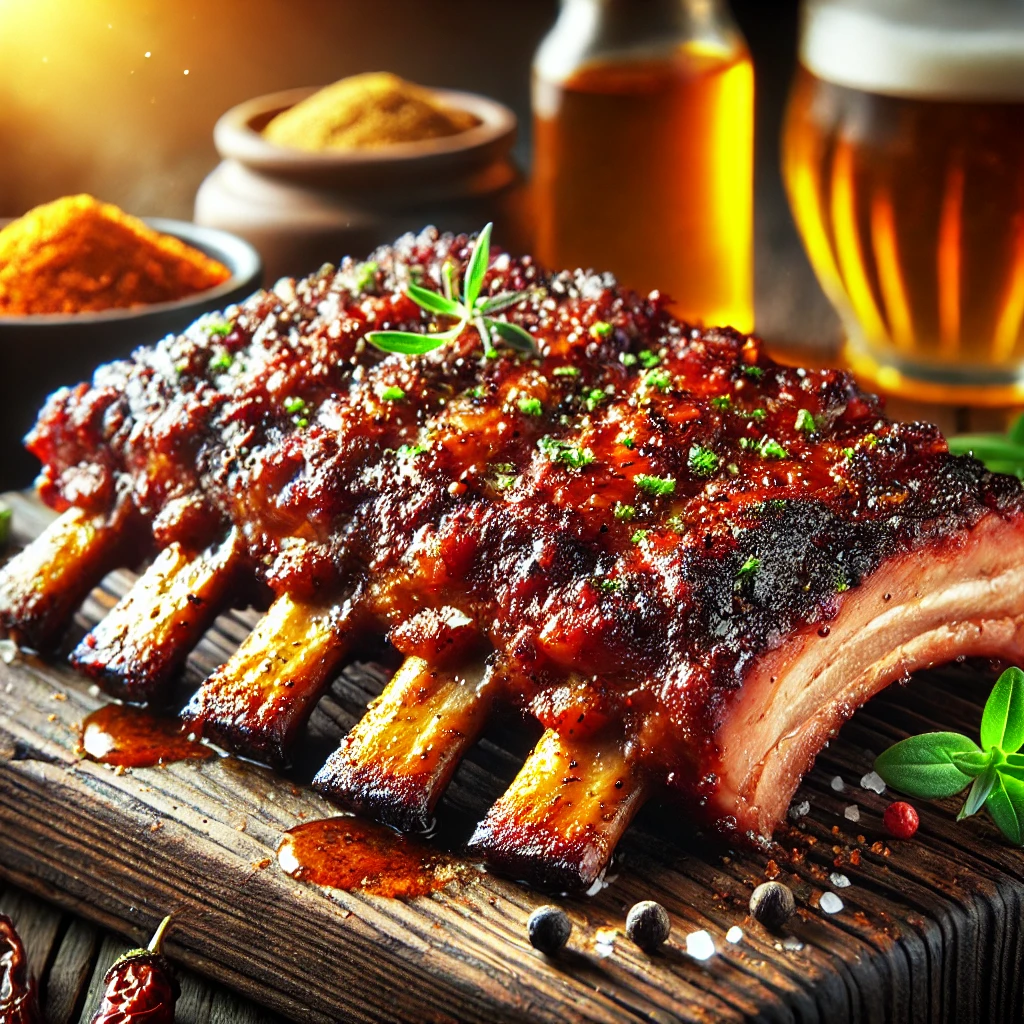 A close-up of tender pork spareribs with a golden-brown, caramelized crust, seasoned with fajita spices, smoked paprika, and mustard. The ribs are arranged on a rustic wooden cutting board and garnished with fresh herbs. In the background, a cozy kitchen setup includes a small bowl of mustard and a beer bottle, with warm, natural lighting highlighting the rich colors and textures of the ribs.