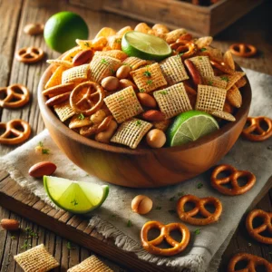 A rustic presentation of tequila-lime Chex Mix, elegantly arranged on a wooden table. The mix features crunchy Chex cereal, pretzels, peanuts, and lime zest, lightly coated in a tequila-infused seasoning. A few lime wedges and chili flakes add a zesty, spicy touch. The mix is served in a wooden bowl, with some pieces scattered around for a casual, inviting feel. Soft natural lighting enhances the warm and flavorful atmosphere, with gentle shadows and a hint of rustic kitchen elements in the background.