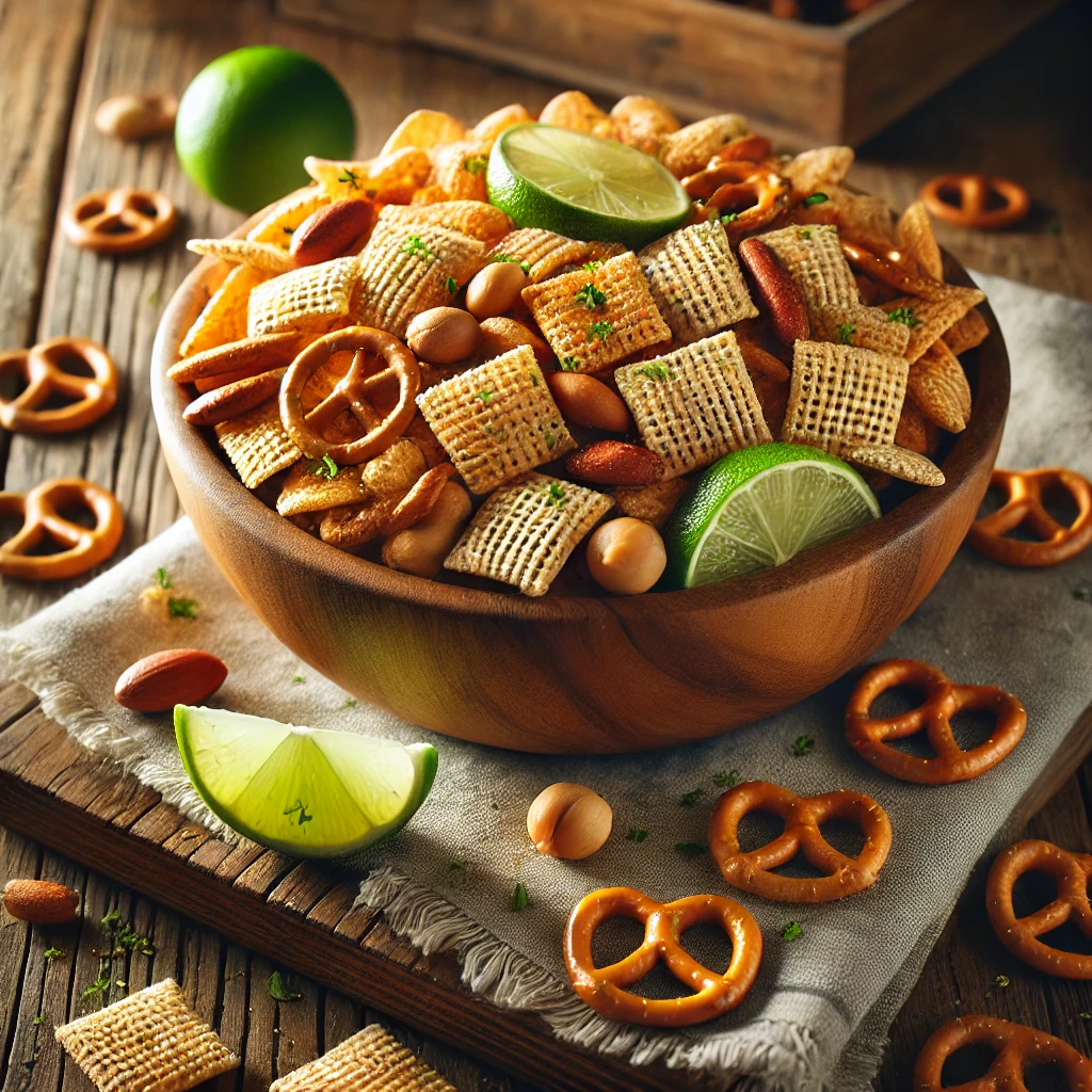 A rustic presentation of tequila-lime Chex Mix, elegantly arranged on a wooden table. The mix features crunchy Chex cereal, pretzels, peanuts, and lime zest, lightly coated in a tequila-infused seasoning. A few lime wedges and chili flakes add a zesty, spicy touch. The mix is served in a wooden bowl, with some pieces scattered around for a casual, inviting feel. Soft natural lighting enhances the warm and flavorful atmosphere, with gentle shadows and a hint of rustic kitchen elements in the background.