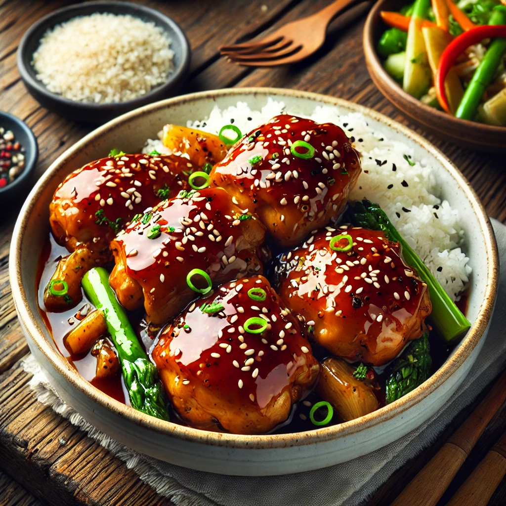 A beautifully plated dish of Teriyaki Chicken Thighs served on a rustic wooden table. The dish features tender, juicy chicken thighs glazed in a rich, glossy teriyaki sauce with a perfect balance of sweet and savory flavors. Garnished with sesame seeds and finely chopped green onions. Served in a white ceramic bowl with a side of steamed rice and stir-fried vegetables. The warm wooden table is more visible, providing a cozy and inviting setting.