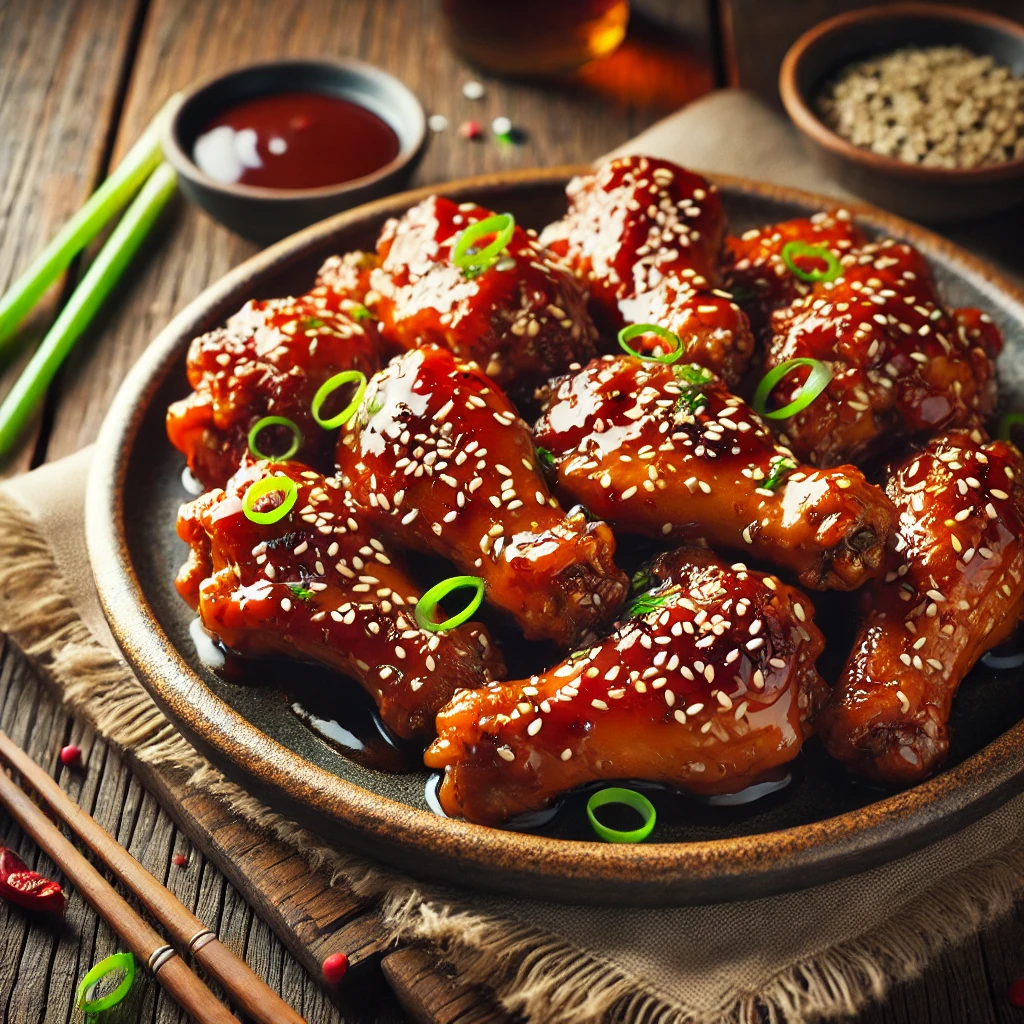 A beautifully plated dish of Teriyaki Chicken Wings served on a rustic wooden table. The dish features crispy, glazed chicken wings coated in a rich, glossy teriyaki sauce with a perfect balance of sweet and savory flavors. Garnished with sesame seeds and finely chopped green onions. Served with a side of dipping sauce. The warm wooden table is more visible, providing a cozy and inviting setting.
