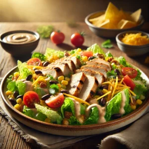 Tex-Mex Chicken Caesar Salad on a rustic ceramic plate, featuring romaine lettuce with Caesar dressing, grilled Tex-Mex chicken, black beans, corn, and cherry tomatoes. Garnished with cheddar cheese, tortilla strips, and cilantro, set on a wooden table with extra dressing and a glass of iced tea in the softly blurred background.
