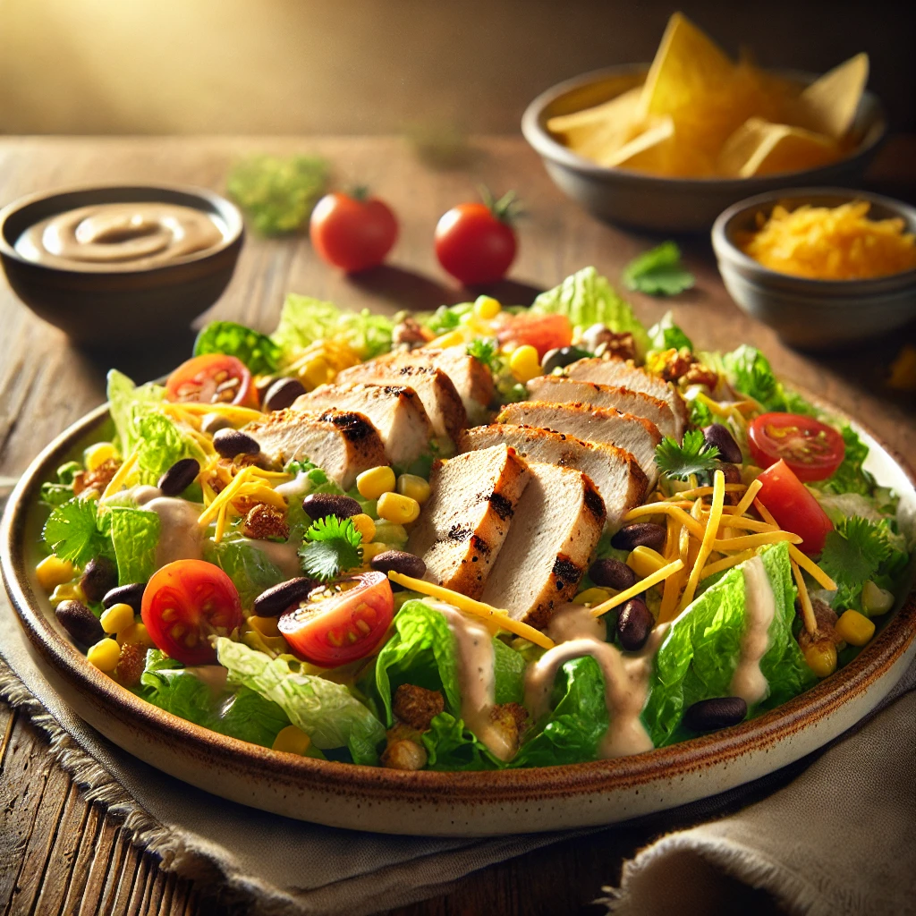 Tex-Mex Chicken Caesar Salad on a rustic ceramic plate, featuring romaine lettuce with Caesar dressing, grilled Tex-Mex chicken, black beans, corn, and cherry tomatoes. Garnished with cheddar cheese, tortilla strips, and cilantro, set on a wooden table with extra dressing and a glass of iced tea in the softly blurred background.
