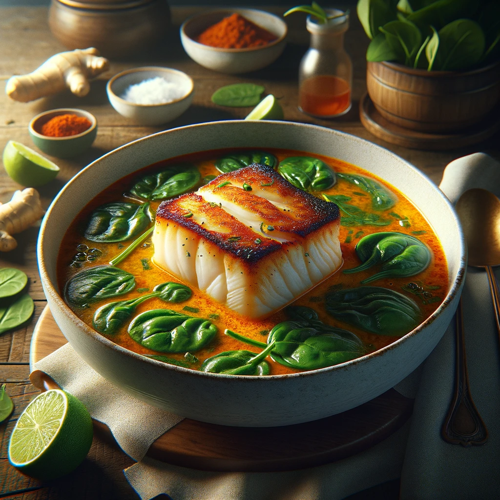 A white soup bowl featuring Pan-Roasted Cod in Spicy Thai Broth, with a golden-brown seared cod fillet atop vibrant green spinach leaves. The dish is immersed in a rich amber-colored broth, garnished with floating spinach leaves. Ingredients like fresh limes, ginger, red curry paste, and coconut milk are placed nearby on a wooden table for a rustic touch.