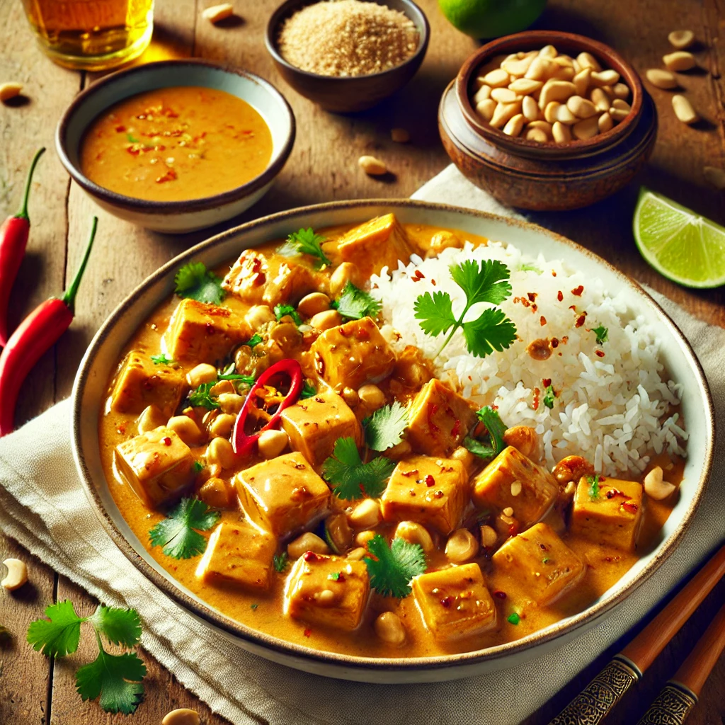 A bowl of crispy pan-fried tofu coated in creamy peanut sauce, garnished with cilantro, crushed peanuts, and red chili slices, served with jasmine rice and lime wedges on a rustic wooden table.