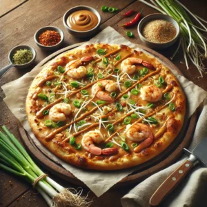 A Thai pizza with a golden, crispy crust is topped with a smooth peanut butter and hoisin sauce base, cooked shrimp, finely chopped green onions, and melted Monterey Jack cheese. Fresh bean sprouts and crushed red chili flakes are sprinkled over the top, adding vibrant colors and textures. Nearby are fresh ingredients like a small bowl of peanut butter, hoisin sauce, bean sprouts, and red chili flakes, arranged on a rustic wooden table.