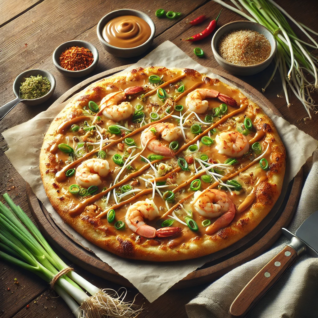 A Thai pizza with a golden, crispy crust is topped with a smooth peanut butter and hoisin sauce base, cooked shrimp, finely chopped green onions, and melted Monterey Jack cheese. Fresh bean sprouts and crushed red chili flakes are sprinkled over the top, adding vibrant colors and textures. Nearby are fresh ingredients like a small bowl of peanut butter, hoisin sauce, bean sprouts, and red chili flakes, arranged on a rustic wooden table.