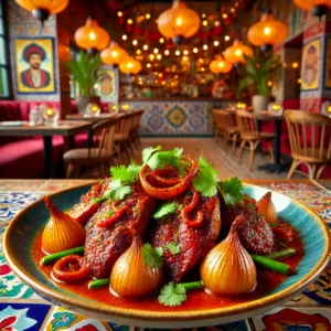 Thai red duck with caramelized candy onions, garnished with fresh coriander in a vibrant Mexican-inspired setting.