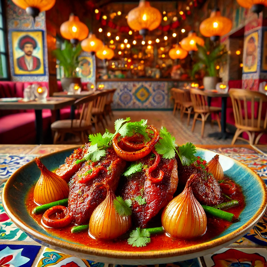 Thai red duck with caramelized candy onions, garnished with fresh coriander in a vibrant Mexican-inspired setting.