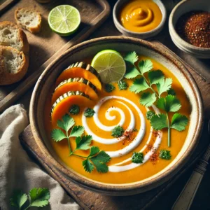 A beautifully plated bowl of Thai Squash & Coriander Soup, featuring a smooth, vibrant orange soup made from roasted squash blended with coconut milk, lemongrass, and Thai spices. The bowl rests on a wooden table with soft, natural lighting highlighting the warm and aromatic presentation.