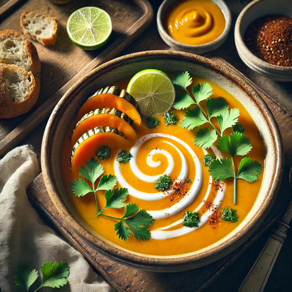 A beautifully plated bowl of Thai Squash & Coriander Soup, featuring a smooth, vibrant orange soup made from roasted squash blended with coconut milk, lemongrass, and Thai spices. The bowl rests on a wooden table with soft, natural lighting highlighting the warm and aromatic presentation.