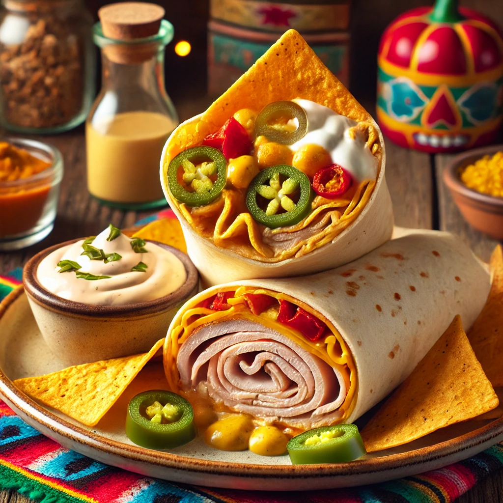 Thanksgiving-inspired crunchwrap with turkey, cheese, roasted peppers, and tortilla chips, served in a festive Mexican-style setting.