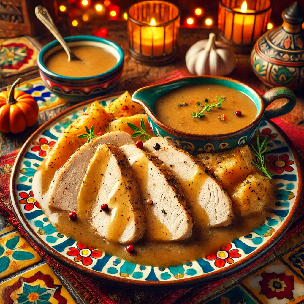 Thanksgiving turkey tenderloin with golden-brown gravy, served in a vibrant Mexican-inspired setting.