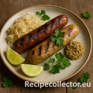 Two grilled vegan sausages—one darker and one lighter—served with sauerkraut, lemon wedges, grainy mustard, and fresh parsley on a ceramic plate over a rustic wooden table.