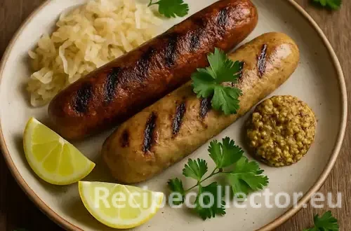 Two grilled vegan sausages—one darker and one lighter—served with sauerkraut, lemon wedges, grainy mustard, and fresh parsley on a ceramic plate over a rustic wooden table.