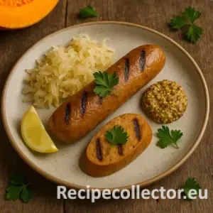 A grilled vegan pumpkin-infused sausage with visible grill marks, served on a ceramic plate with sauerkraut, grainy mustard, lemon wedge, and fresh parsley, styled on a rustic wooden table.