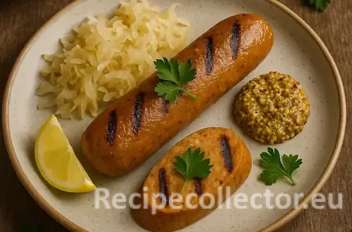 A grilled vegan pumpkin-infused sausage with visible grill marks, served on a ceramic plate with sauerkraut, grainy mustard, lemon wedge, and fresh parsley, styled on a rustic wooden table.
